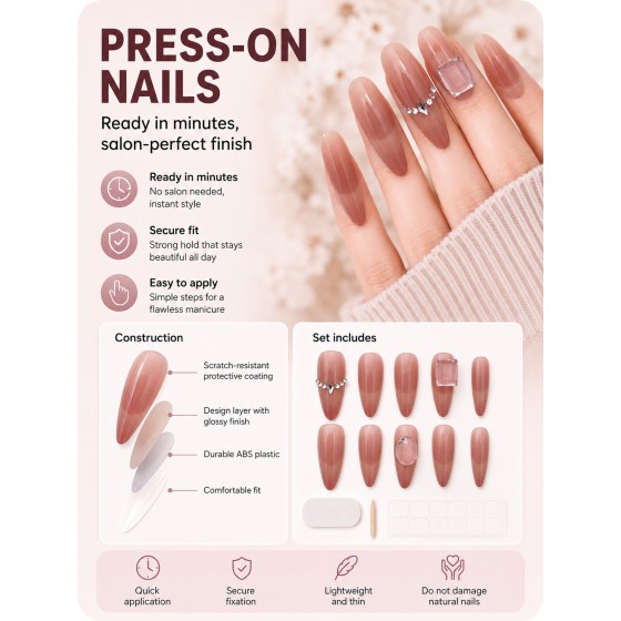 Nude‑Pink Gradient Long Almond Press‑On Nails, Luxury False Nails with Chain Rhinestones & Large Gems